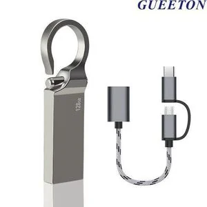 GUEETON 128GB usb Flash Drive metal hook with 3 in 1 OTG adapter usb cable
