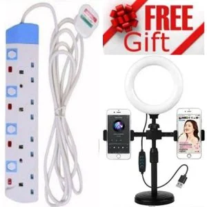 Power King Durable 4 Way Power Extension with Extra Long Cable + GIFT BEST Live Streaming Ring Light with Stand – USB Powered with 2 Phone Holders For TikTok, Selfies & Short Videos