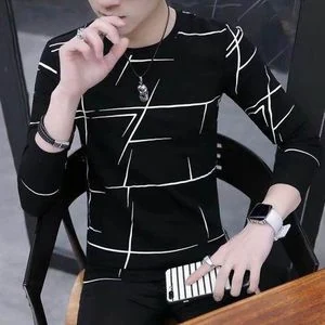 Dou-color Men's Long Sleeve Striped T-Shirt - Black - Casual Fit - Sizes M-XXXL