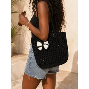 Handmade Crochet Tote Bag – Black & White Bow Everyday Shoulder Bag