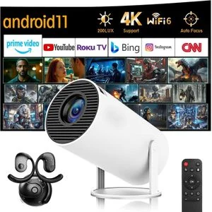 vexiSeek Mini Portable Projector,Android 11, Supports 4K 1080P, Dual-Band WiFi 6 5G, Wireless Bluetooth 5.0,Includes Earhook Headphones
