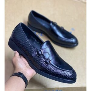 Classy Men's Double Monk Strap Black Leather Formal Shoes - Size 40-45