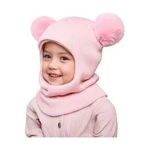 Cute Kids Knit Balaclava Beanie Hat - 2-in-1 Winter Thermal Neck Warmer Hood Cap with Double Faux Fur Pom Poms for Toddlers & Young Children