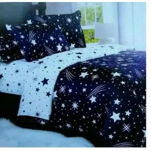 Blue/white with star prints. 1 duvet, 1 bedsheet, 2 pillowcases