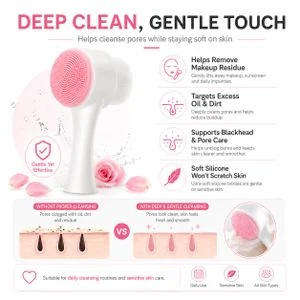 Double-Sided Facial Cleansing Brush Soft Fiber & Silicone Face Brush – Pink