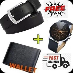 DURABLE MEN’S BLACK LEATHER BELT WITH STRONG BUCKLE FOR DAILY TROUSERS & JEANS + FREE WALLET & WATCH