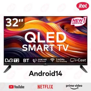Itel TV 32 inch, QLED, Smart TV, Frameless, Bluetooth, Android14, Wifi, Digital, Netflix, YouTube, Prime, 32" TV, television (1 year warranty, limited time promote)