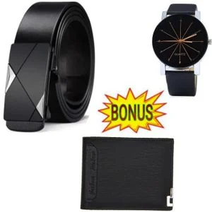 Black leather belt designed for men’s khaki shorts and weekend outfits + BONUS WATCH & MONEY WALLET FOR NOTES,COINS & ID
