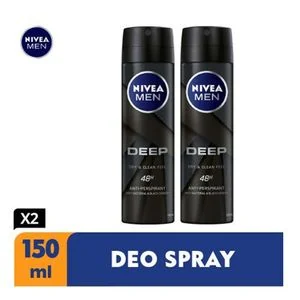 NIVEA MEN Deep Antibacterial Anti-Perspirant Spray, 72h -150ml (Pack Of 2).