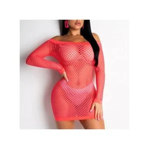 Woman Shoulder Fishnet Crochet Bodycon Beach Dress Pink