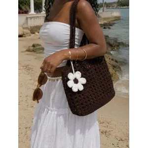 Handmade Summer Crochet Mesh Tote Bag – Women's Lightweight Beach & Shoulder Handbag with Flower Charm