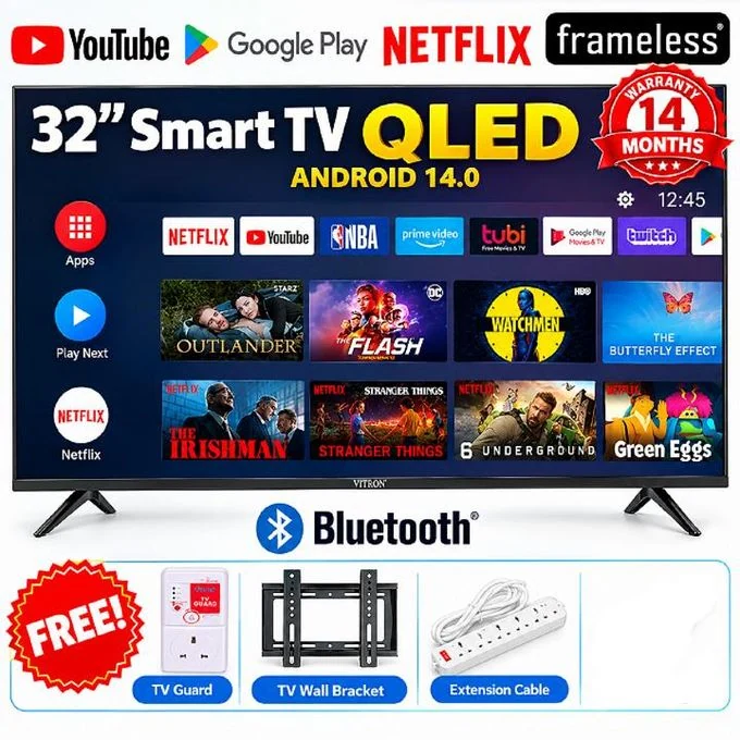 Vitron HTC3288QS 32 Inch QLED Bluetooth Smart Android TV with Inbuilt Wi-Fi , Decoder, Netflix ,YouTube, App Store, ICAST/MIRRORING SCREEN Vitron32 TV-Black+ TV Guard +Extension +Wall Bracket
